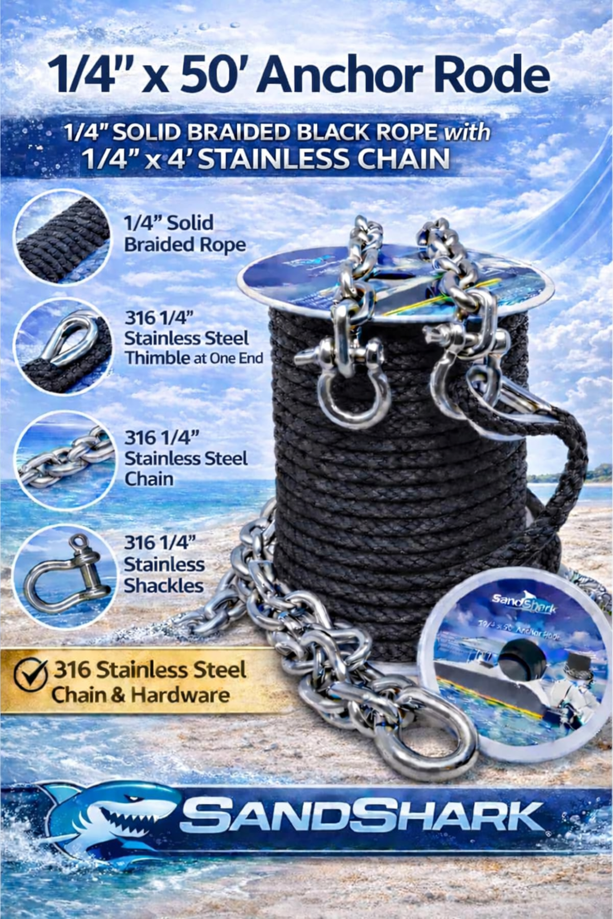 50ft x 1/4in Anchor Line, 4ft (316SS) Chain