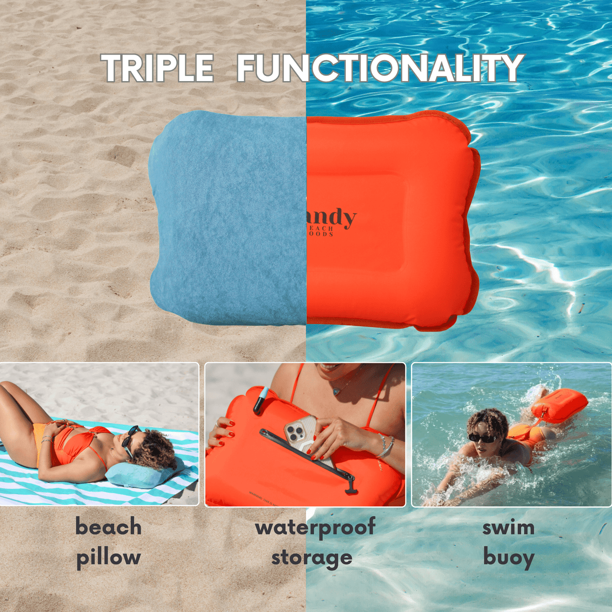 3-in-1 Inflatable Beach Pillow, Waterproof Dry Bag &amp; Swim Buoy