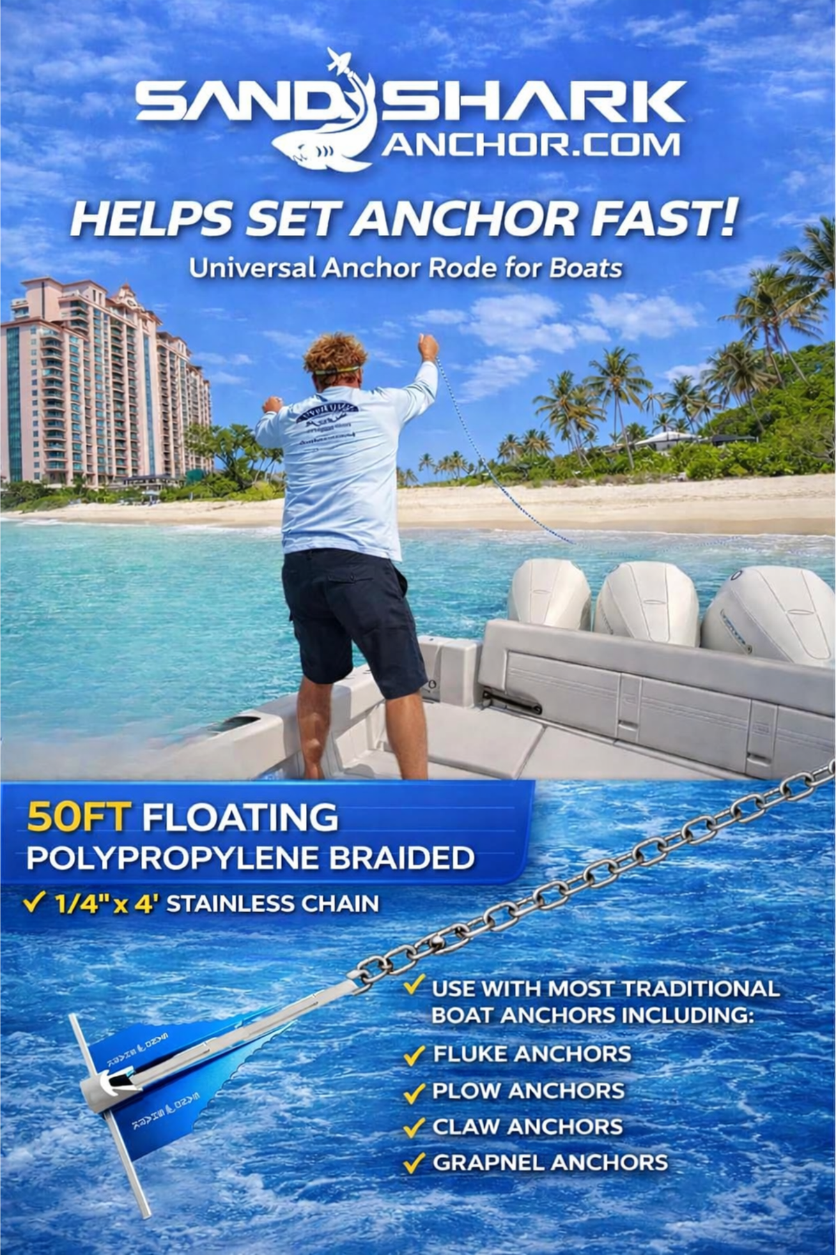 50ft x 1/4in Anchor Line, 4ft (316SS) Chain