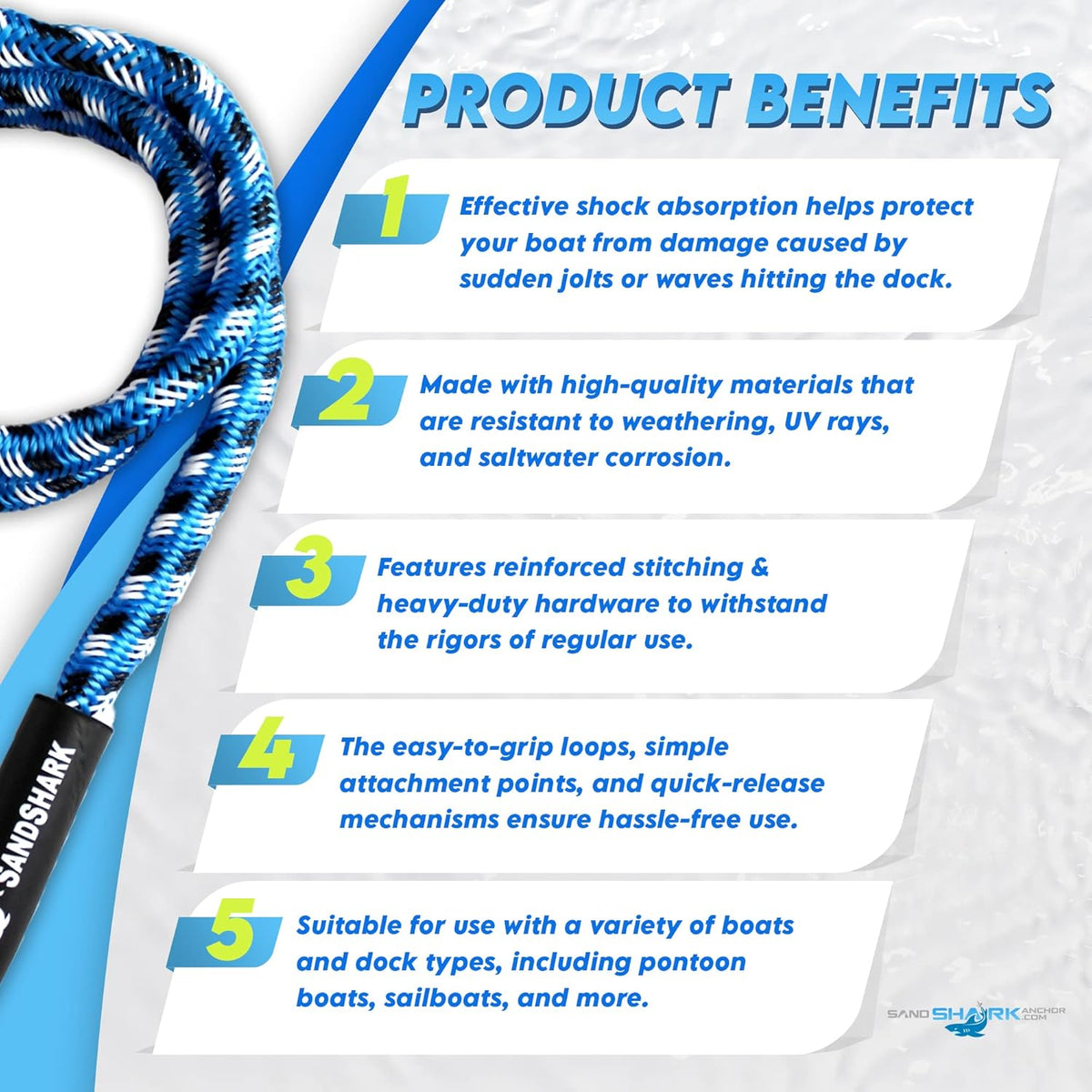 7-14ft Bungee Dock Line, Anchor Line, by Sandshark – Perfect Docking Solution for Boats &amp; Jet Skis