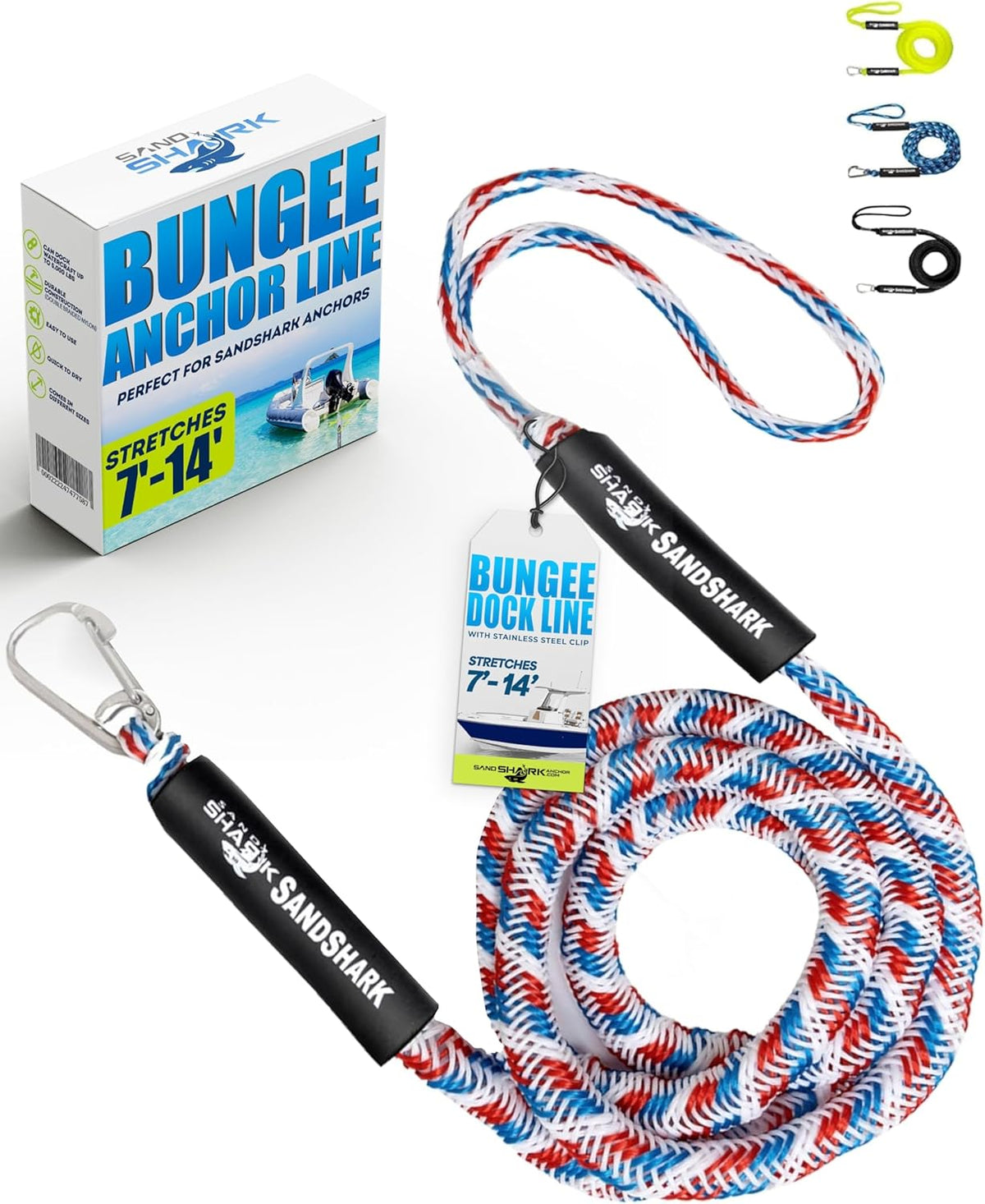 7-14ft Bungee Dock Line, Anchor Line, by Sandshark – Perfect Docking Solution for Boats &amp; Jet Skis