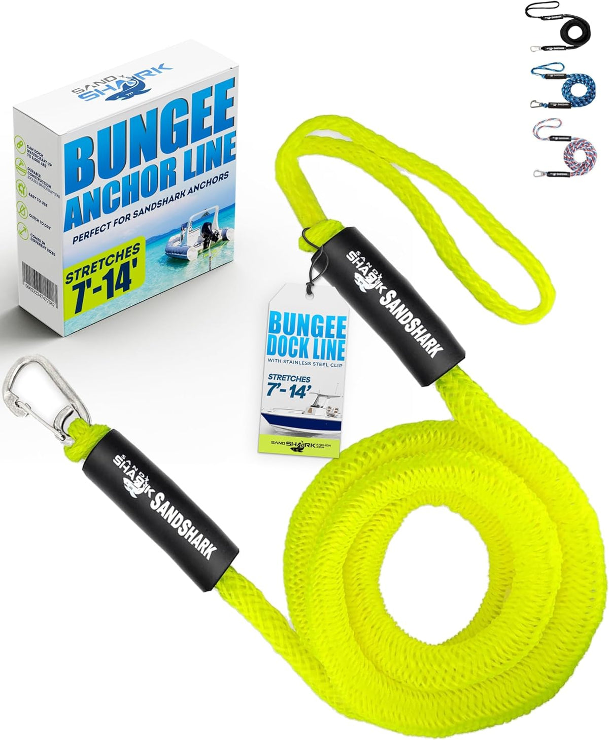 7-14ft Bungee Dock Line, Anchor Line, by Sandshark – Perfect Docking Solution for Boats &amp; Jet Skis