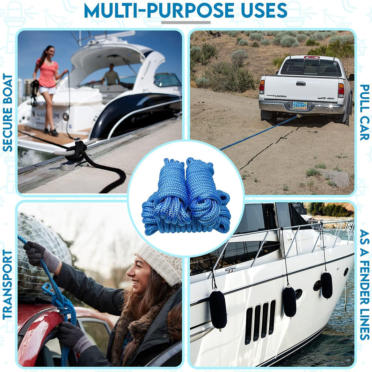 4-Pack Premium Dock Lines – Heavy Duty for Boats, Jet Skis, and Pontoons (1/2&quot;x15&#39;)