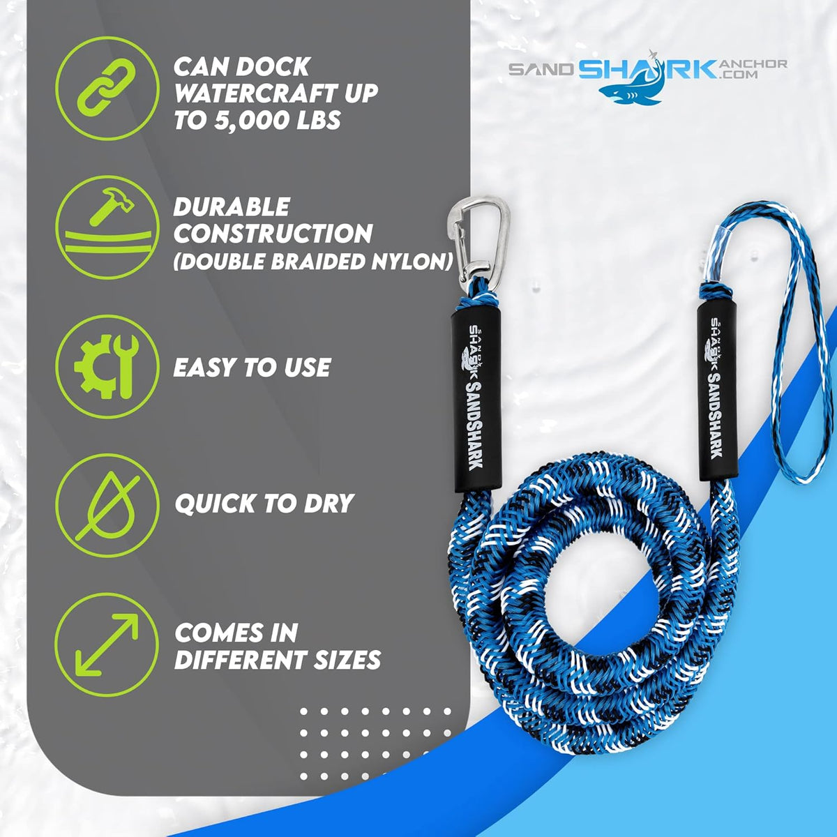 7-14ft Bungee Dock Line, Anchor Line, by Sandshark – Perfect Docking Solution for Boats &amp; Jet Skis