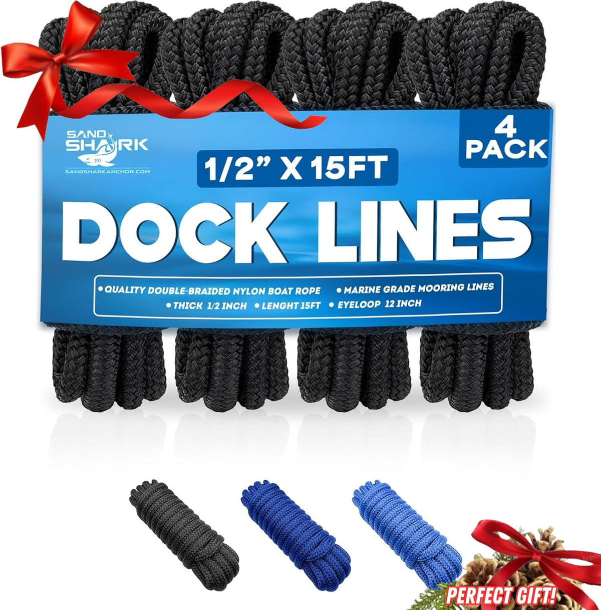 4-Pack Premium Dock Lines – Heavy Duty for Boats, Jet Skis, and Pontoons (1/2&quot;x15&#39;)