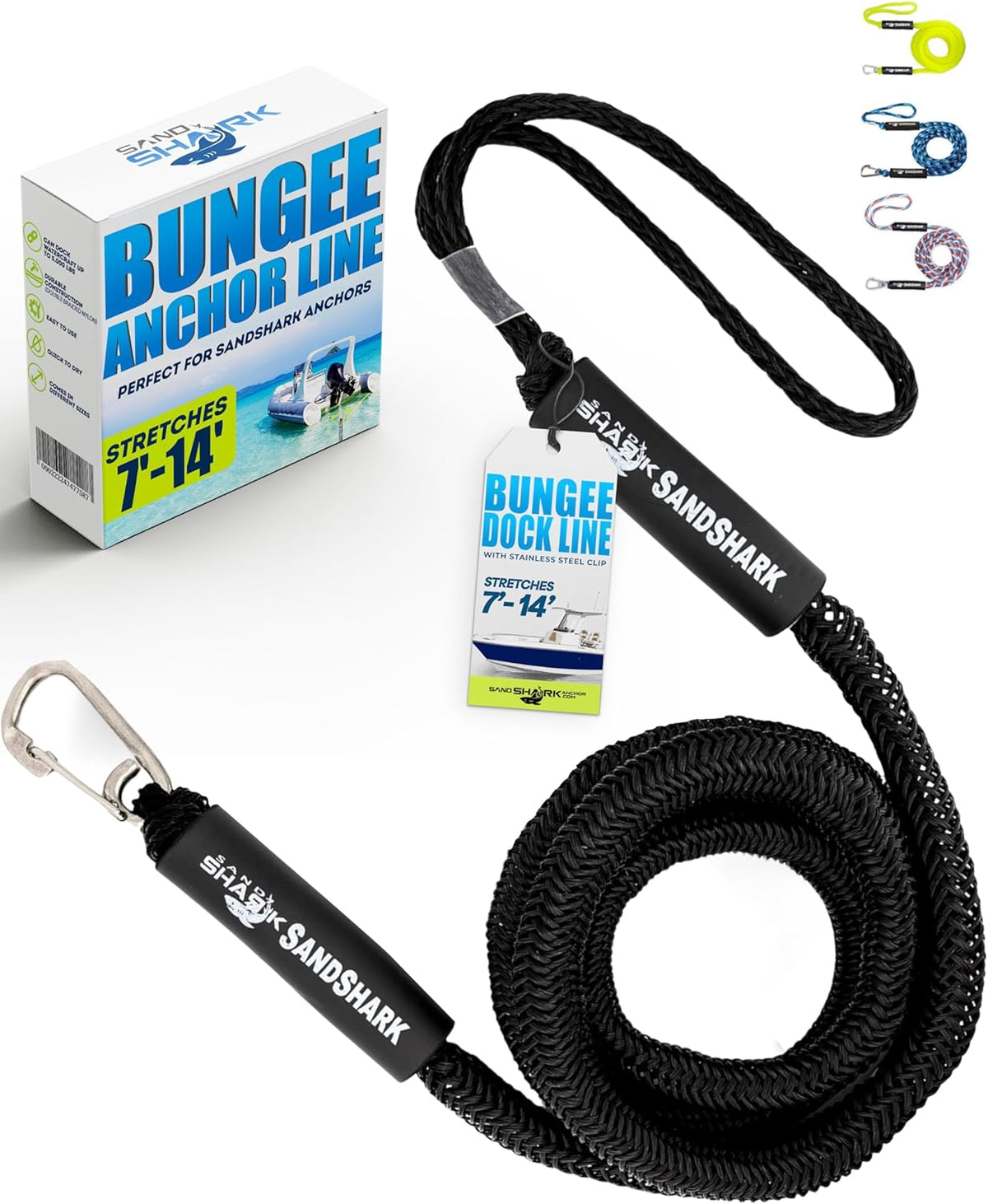 7-14ft Bungee Dock Line, Anchor Line, by Sandshark – Perfect Docking Solution for Boats &amp; Jet Skis