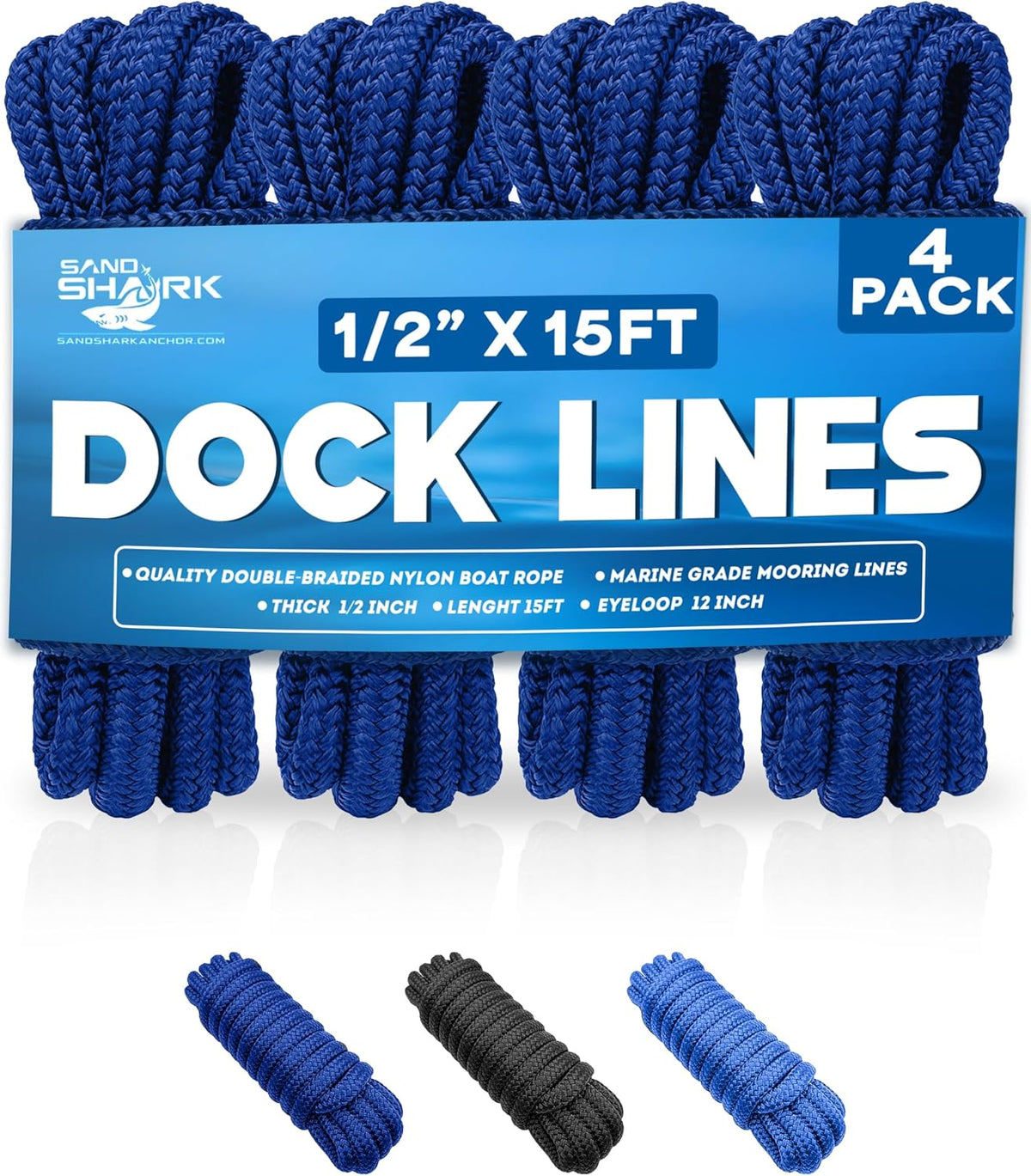 4-Pack Premium Dock Lines – Heavy Duty for Boats, Jet Skis, and Pontoons (1/2&quot;x15&#39;)