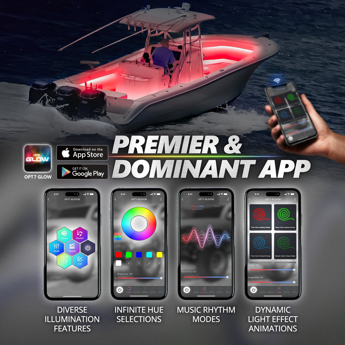 AURA PRO Boat Interior LED Lighting Kit 4 x 48-Inch Multi-Color Strips - Bluetooth Enabled APP Full Color Spectrum