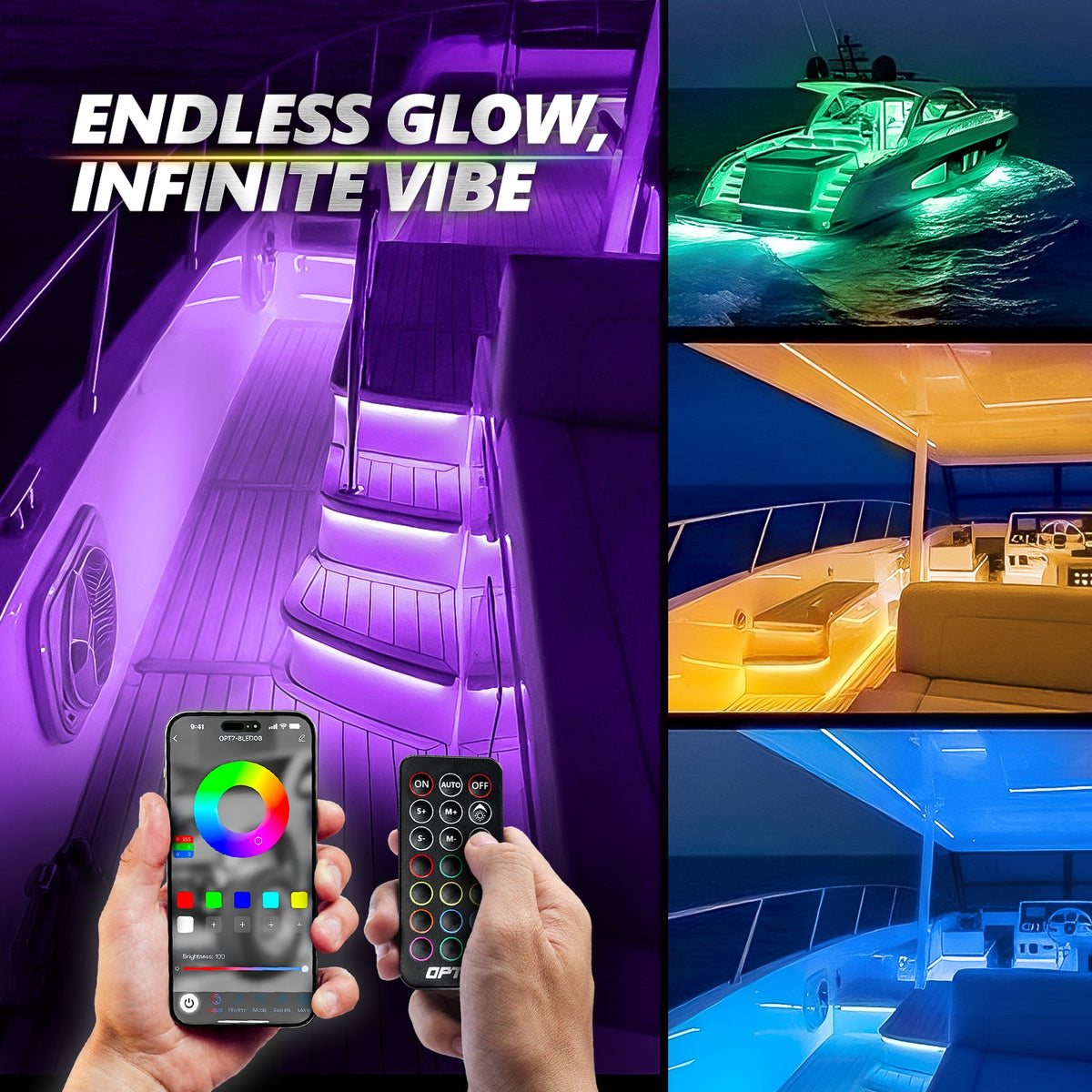 AURA PRO Boat Interior LED Lighting Kit 4 x 48-Inch Multi-Color Strips - Bluetooth Enabled APP Full Color Spectrum