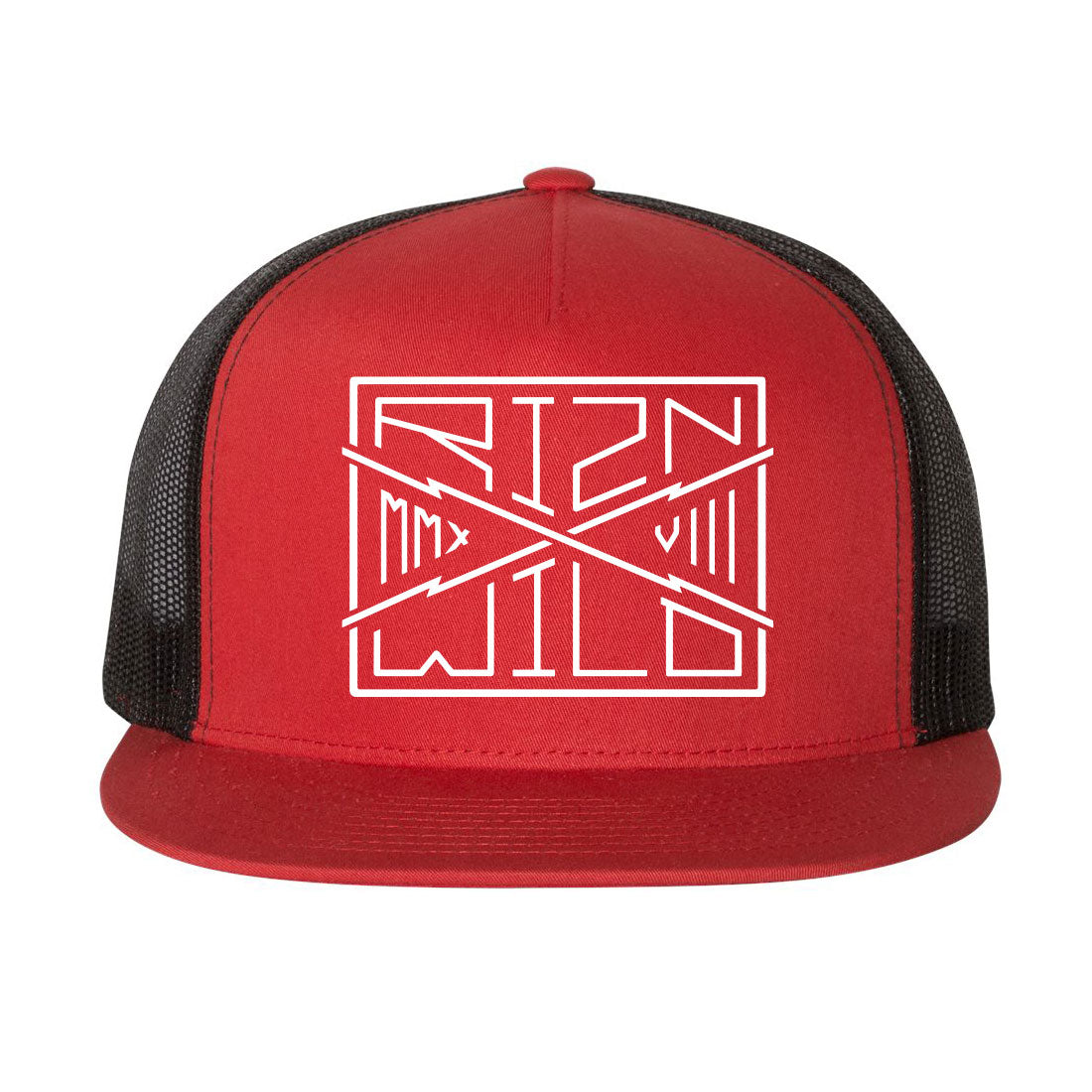 PARALLEL FLAT BILL TRUCKER HAT IN RED/BLACK