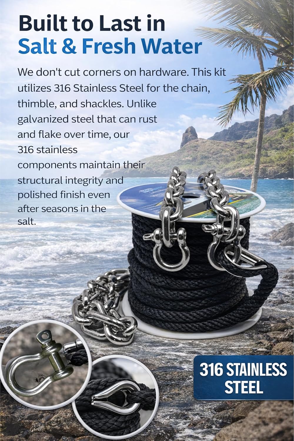 50ft x 1/4in Anchor Line, 4ft (316SS) Chain