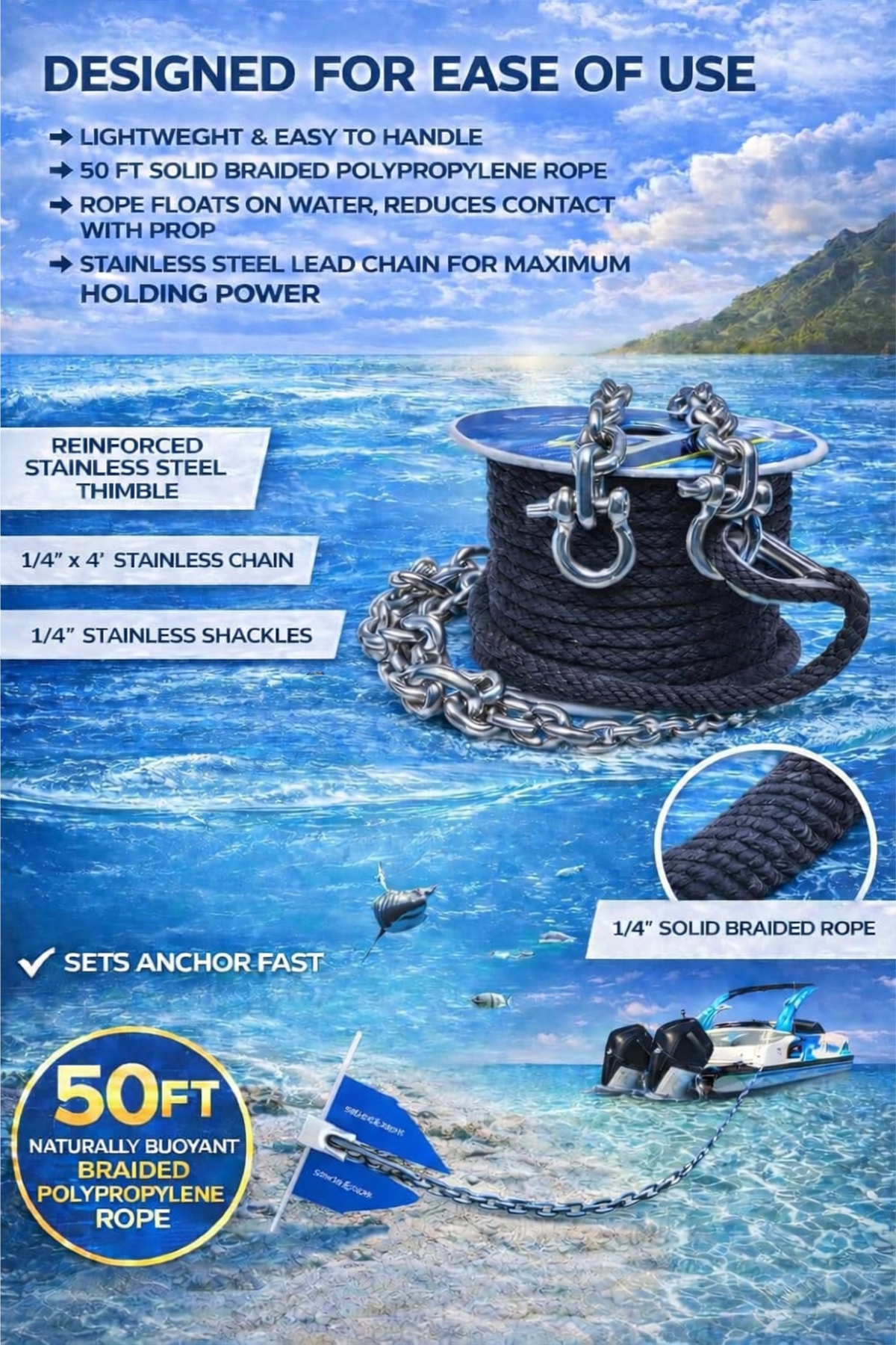 50ft x 1/4in Anchor Line, 4ft (316SS) Chain