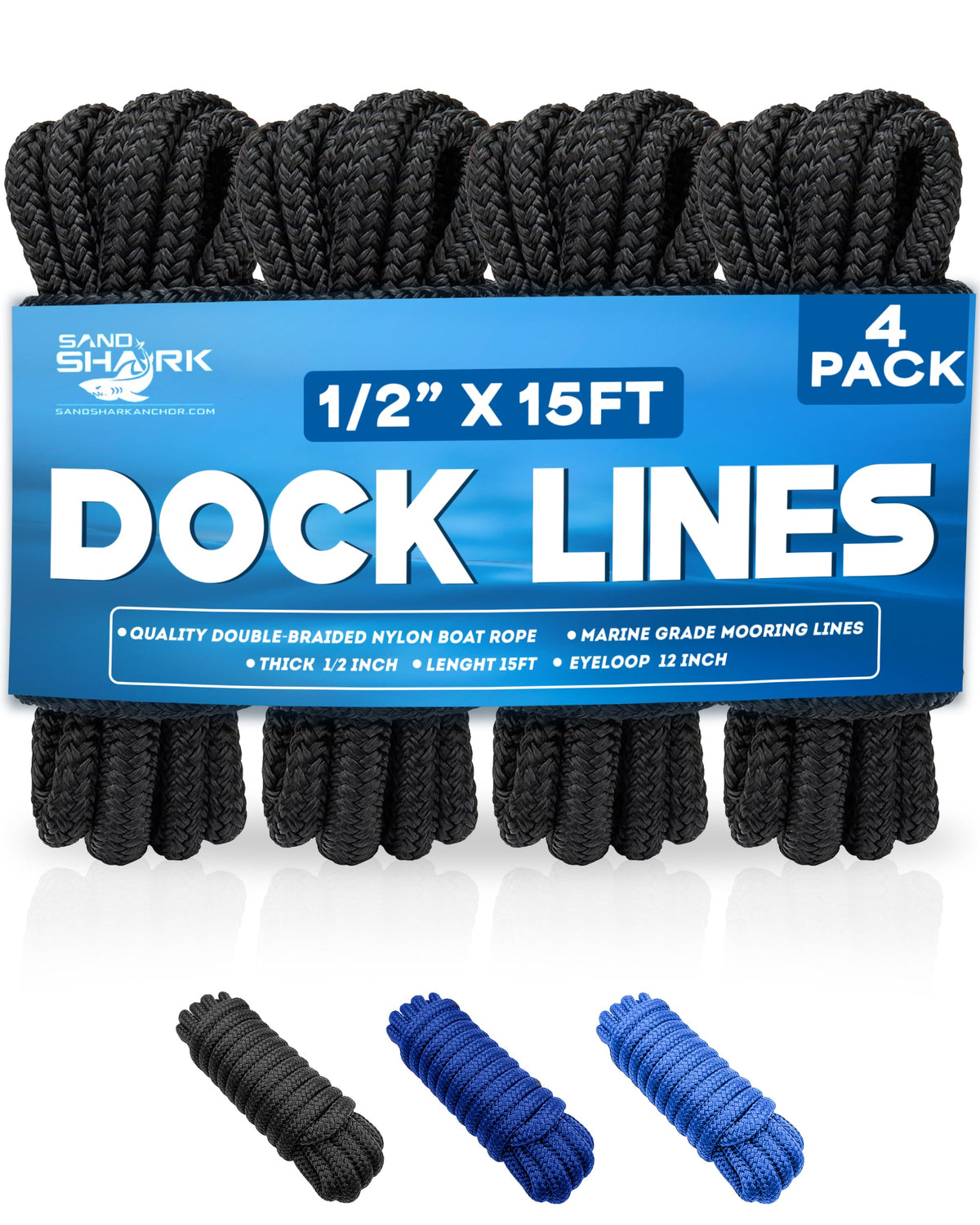 4-Pack Premium Dock Lines – Heavy Duty for Boats, Jet Skis, and Pontoons (1/2&quot;x15&#39;)