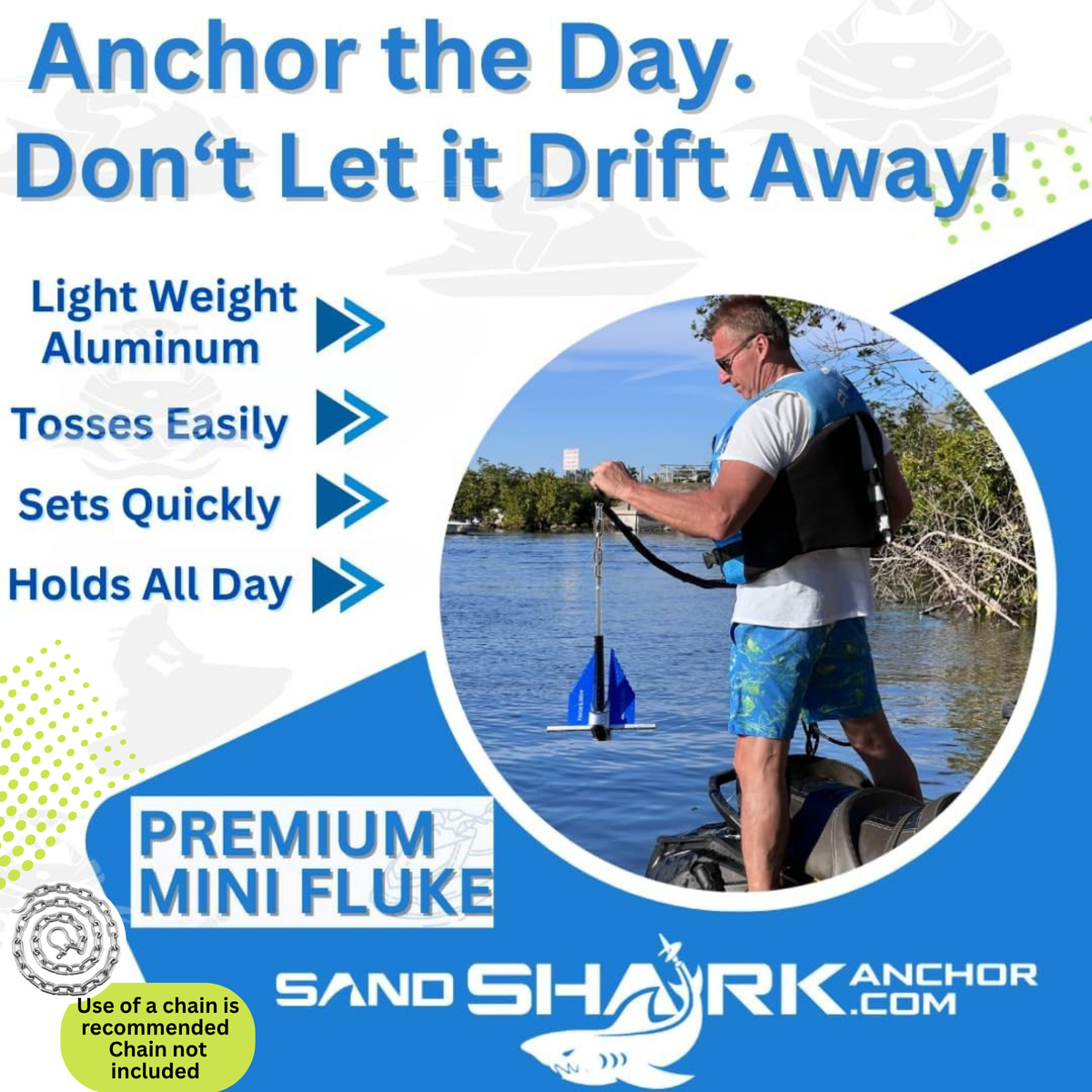 Mini Fluke Anchor– Compact, Powerful Anchor for Jet Skis, PWCs, Kayak, &amp; Small Boats (Anchor, Line, Case)